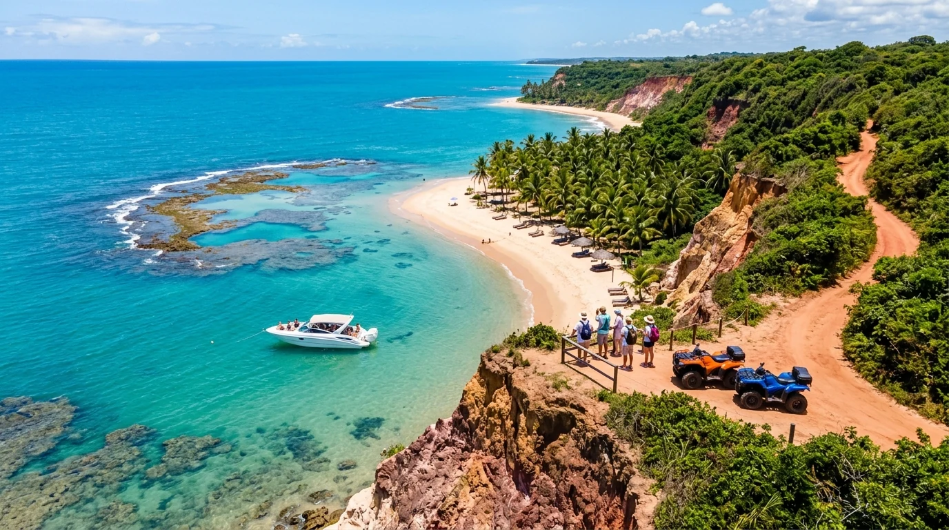 Praia do Espelho com lancha nas piscinas naturais e quadriciclos na trilha do mirante das falésias