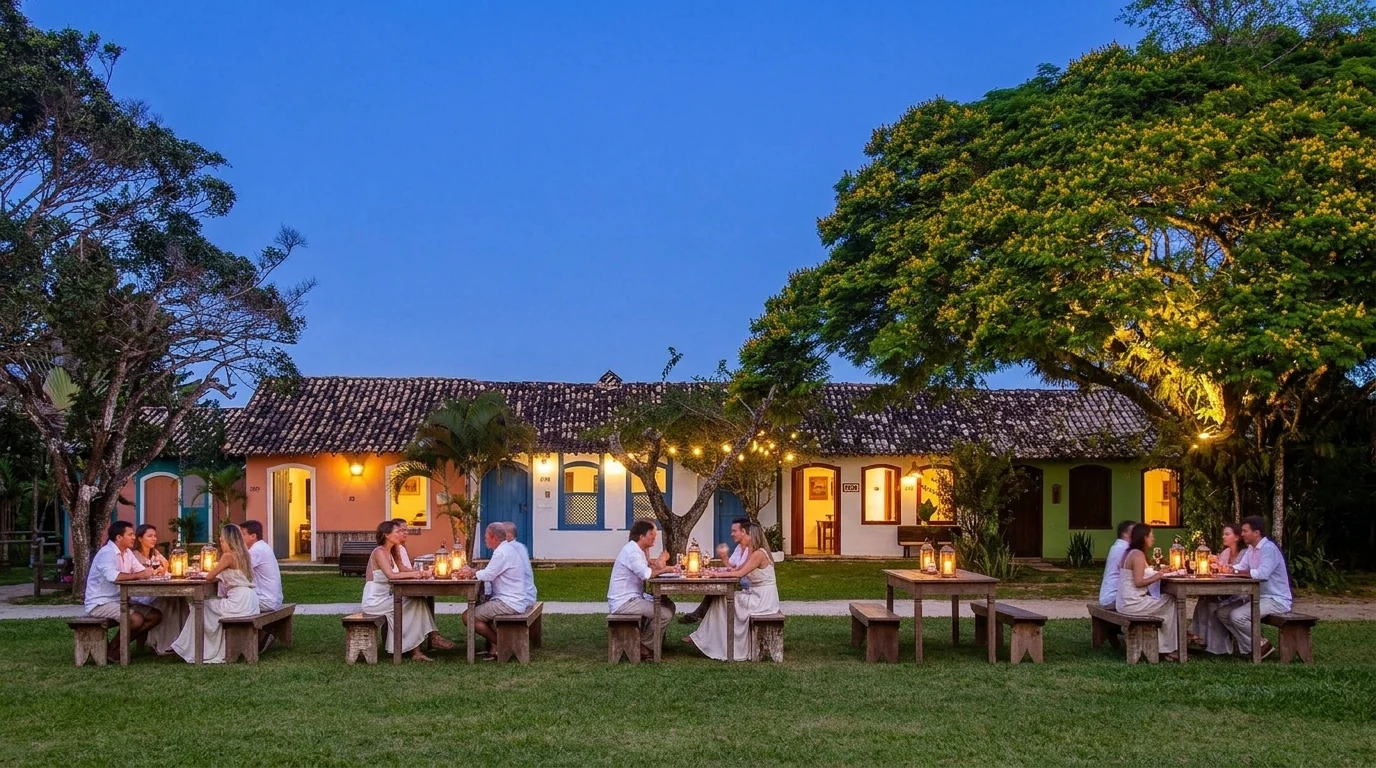 Restaurantes e mesas iluminadas à luz de velas no Quadrado de Trancoso